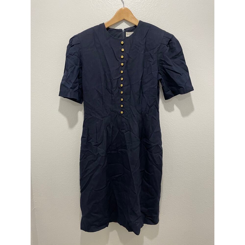 Vintage Womens Dress Size 12 Black Linen Blend Pleated Old Money Secretary 80s